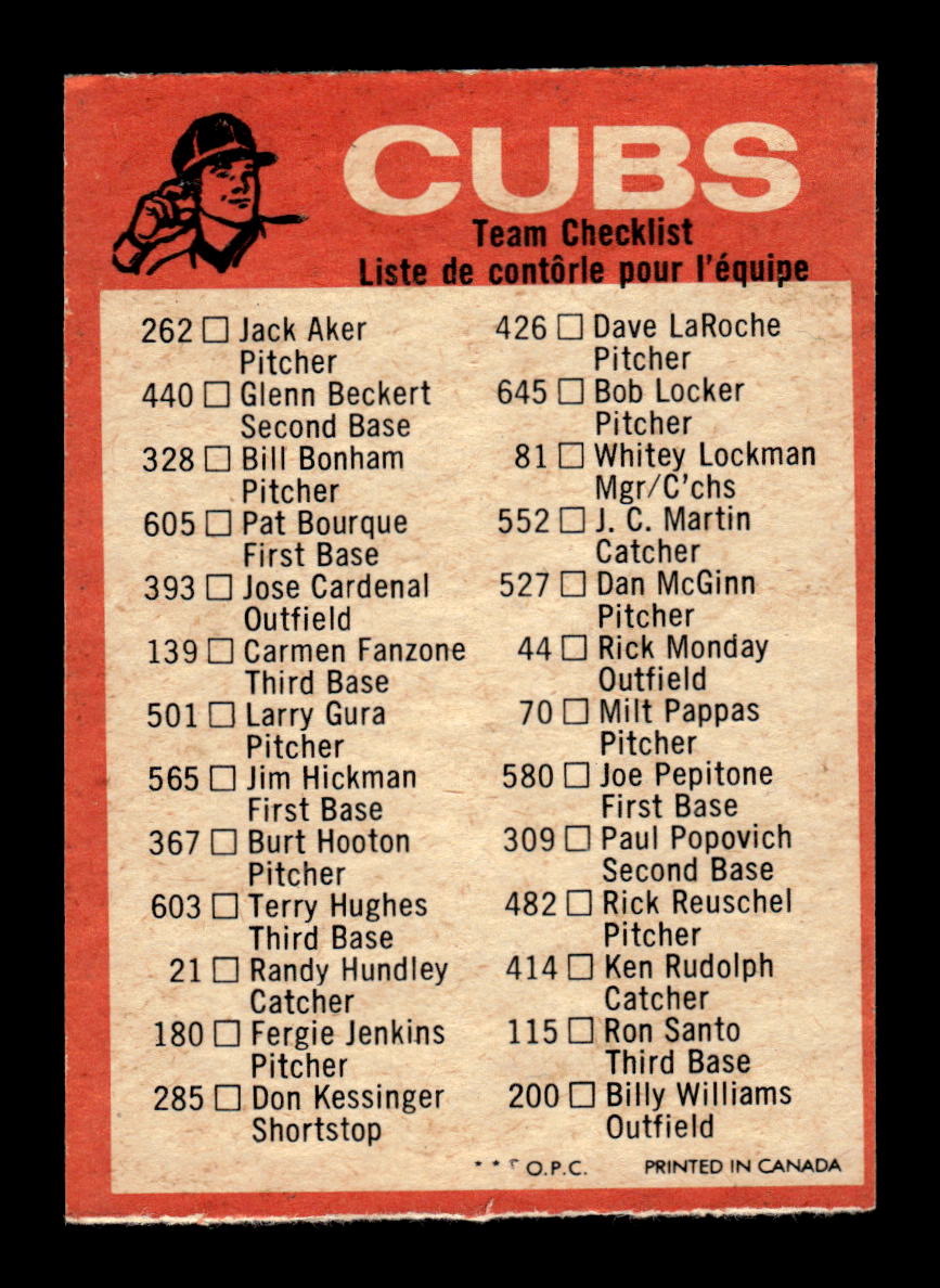 1973 O-Pee-Chee #NNO Chicago Cubs Blue-Team-Checklists Excellent HOF-10005820