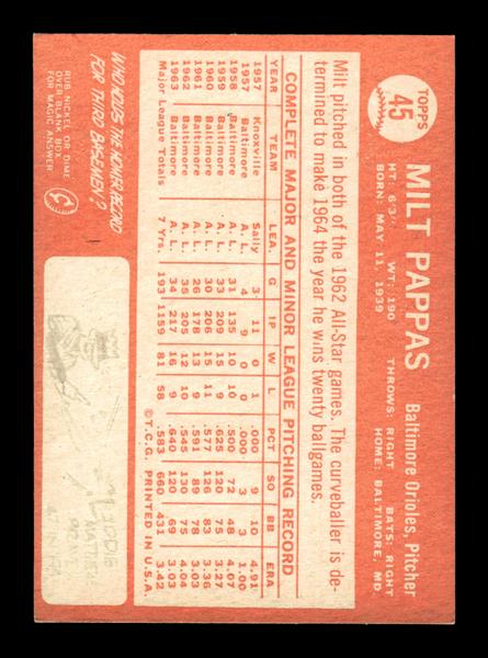 1964 Topps #45 Milt Pappas Baltimore Orioles EX HOF-10005839