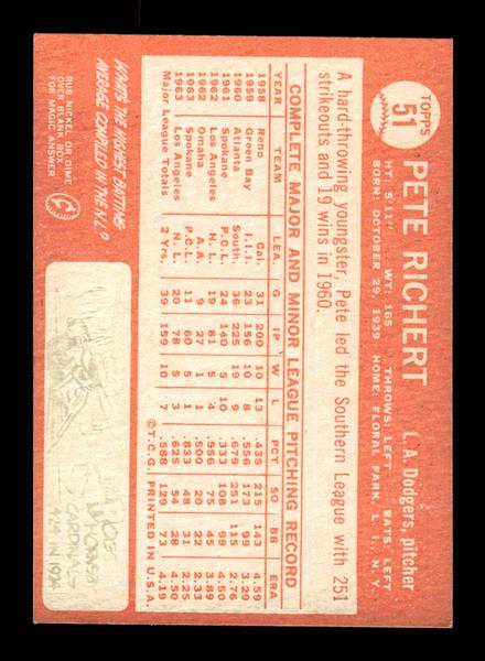 1964 Topps #51 Pete Richert Los Angeles Dodgers EX HOF-10005843