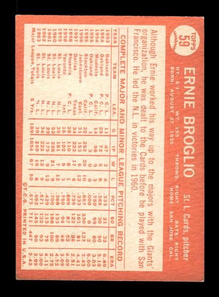 1964 Topps #59 Ernie Broglio St. Louis Cardinals EX HOF-10005848