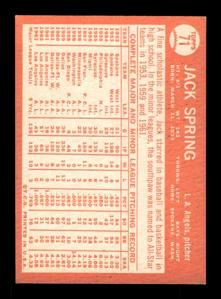 1964 Topps #71 Jack Spring Los Angeles Angels EX HOF-10005858