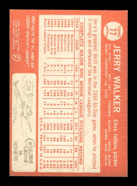 1964 Topps #77 Jerry Walker Cleveland Indians EX HOF-10005863