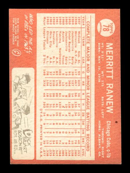 1964 Topps #78 Merritt Ranew Chicago Cubs EX HOF-10005864