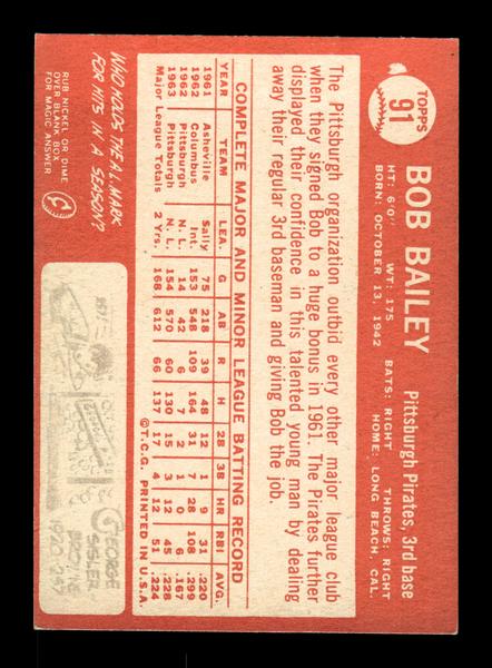 1964 Topps #91 Bob Bailey Pittsburgh Pirates EX HOF-10005875