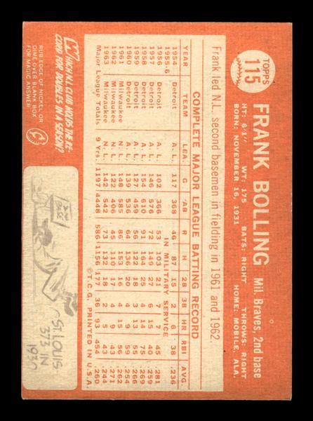 1964 Topps #115 Frank Bolling Milwaukee Braves EX HOF-10005889
