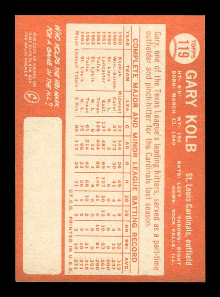 1964 Topps #119 Gary Kolb St. Louis Cardinals EX HOF-10005892