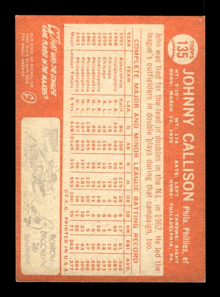 1964 Topps #135 Johnny Callison Philadelphia Phillies EX HOF-10005903