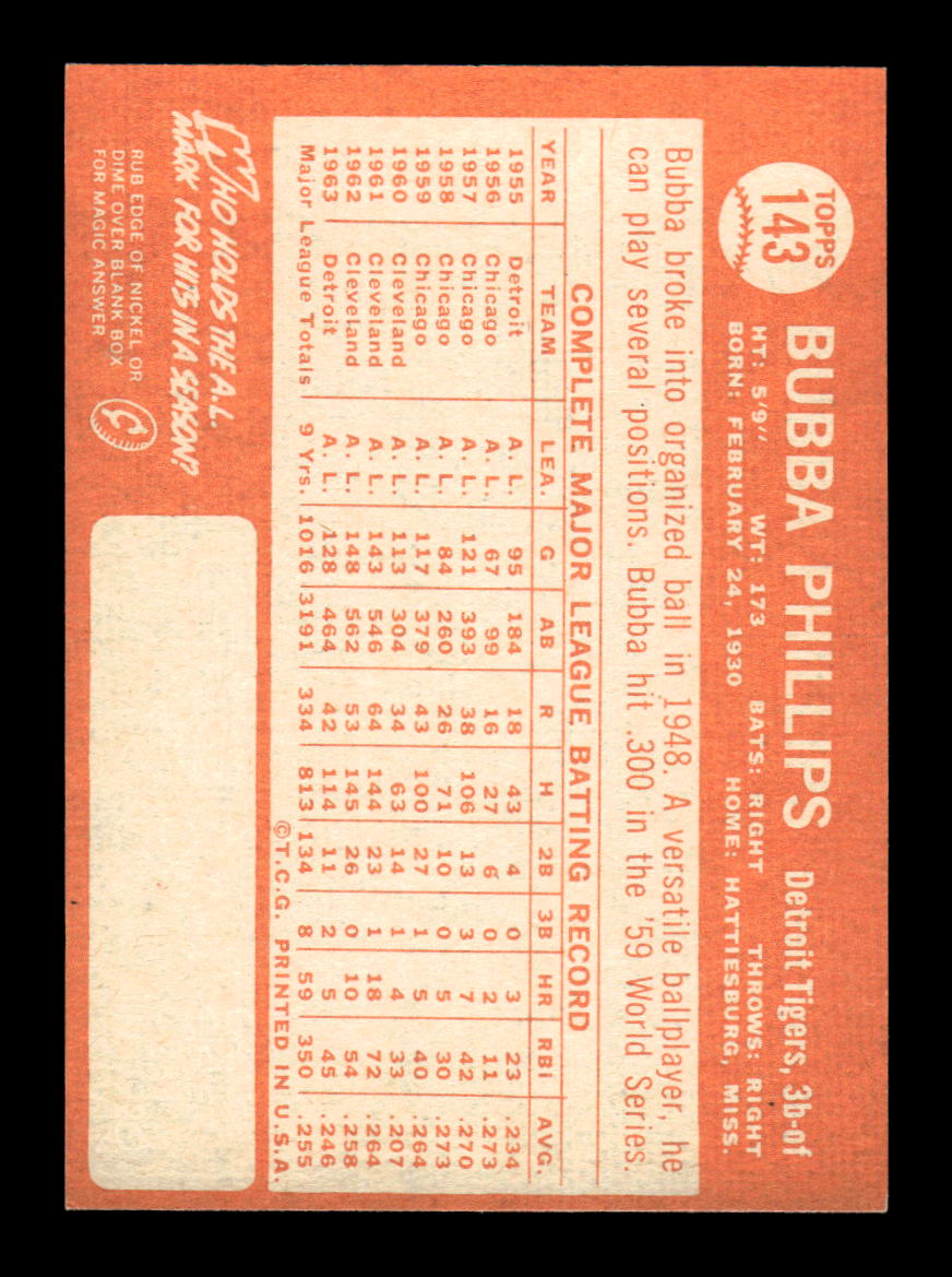 1964 Topps #143 Bubba Phillips Detroit Tigers EX HOF-10005909