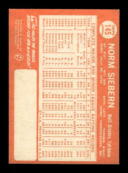 1964 Topps #145 Norm Siebern Baltimore Orioles EX HOF-10005911