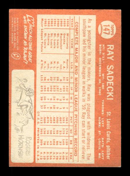 1964 Topps #147 Ray Sadecki St. Louis Cardinals EX HOF-10005912