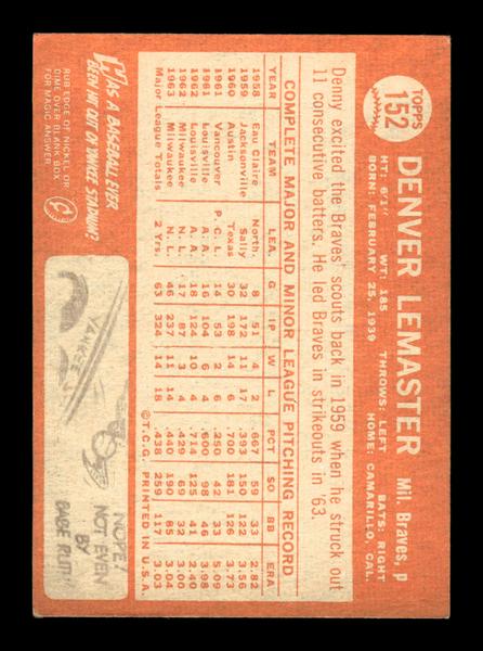 1964 Topps #152 Denver Lemaster Milwaukee Braves EX HOF-10005916