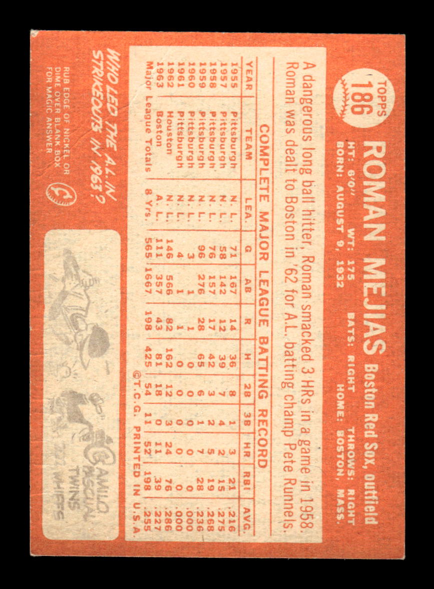 1964 Topps #186 Roman Mejias Boston Red Sox EX HOF-10005943