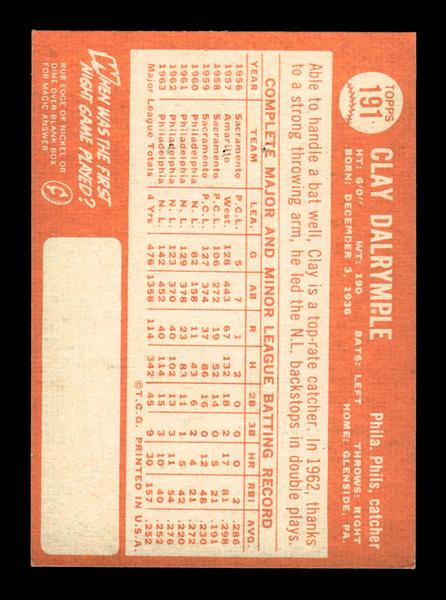 1964 Topps #191 Clay Dalrymple Philadelphia Phillies EX HOF-10005946