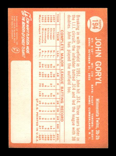1964 Topps #194 John Goryl Minnesota Twins EX HOF-10005949