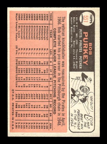 1966 Topps #551 Bob Purkey Pittsburgh Pirates EX - HI# HOF-10005985