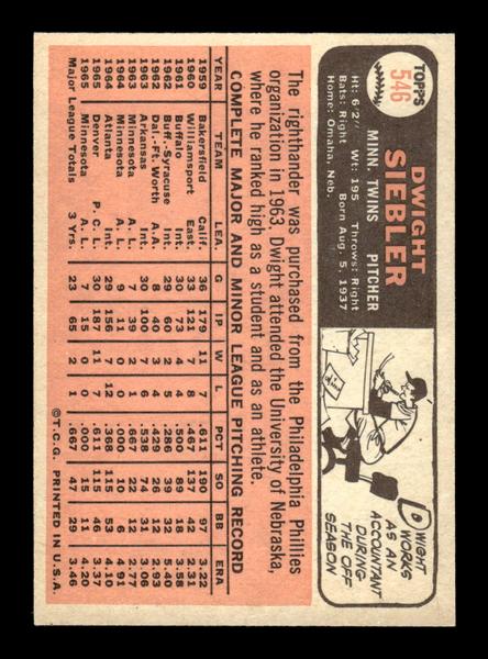 1966 Topps #546 Dwight Siebler Minnesota Twins EX - HI# HOF-10005987
