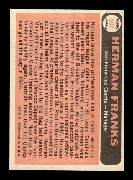 1966 Topps #537 Herman Franks San Francisco Giants EX - HI# HOF-10005994