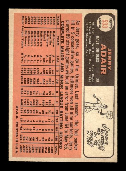 1966 Topps #533 Jerry Adair Baltimore Orioles EX - HI# HOF-10005998