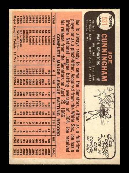 1966 Topps #531 Joe Cunningham Washington Senators EX - HI# HOF-10005999
