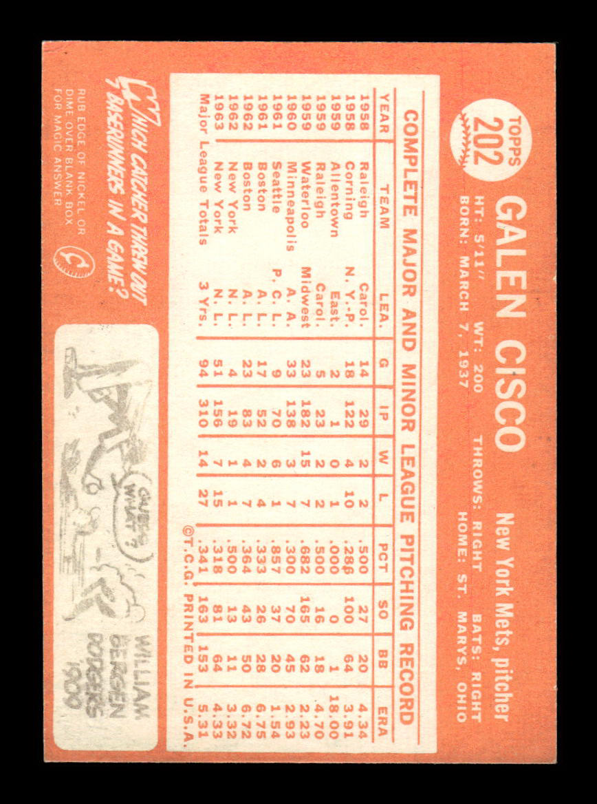 1964 Topps #202 Galen Cisco New York Mets EX HOF-10006005
