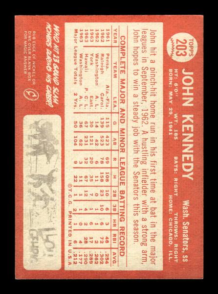 1964 Topps #203 John Kennedy Washington Senators EX HOF-10006006