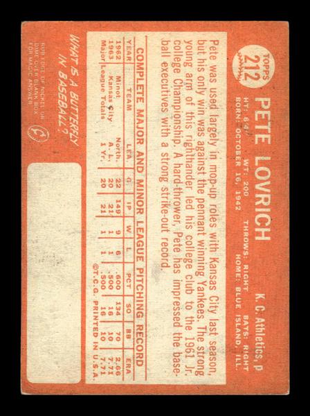 1964 Topps #212 Pete Lovrich Kansas City Athletics EX HOF-10006012