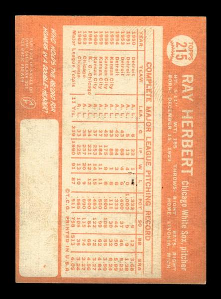 1964 Topps #215 Ray Herbert Chicago White Sox EX HOF-10006015