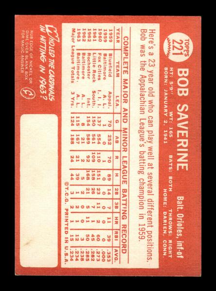 1964 Topps #221 Bob Saverine Baltimore Orioles EX HOF-10006020