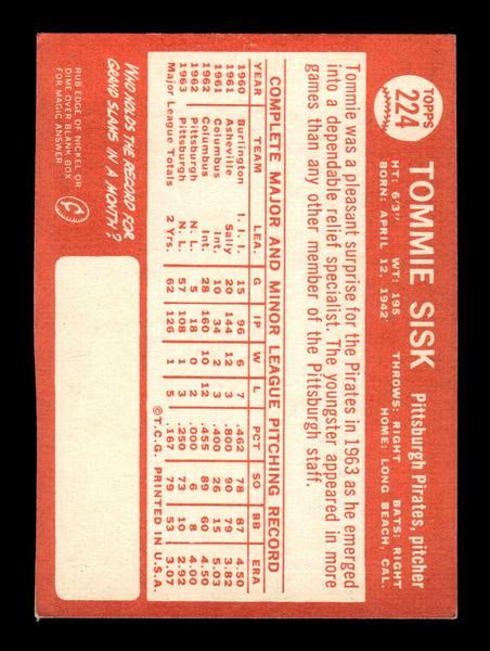 1964 Topps #224 Tommie Sisk Pittsburgh Pirates EX HOF-10006022
