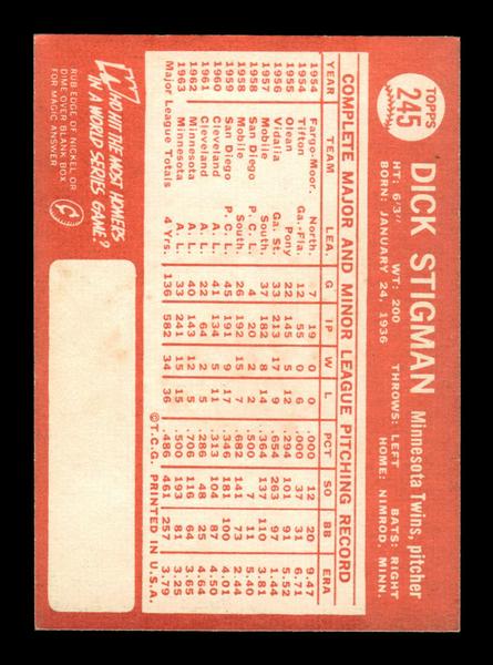 1964 Topps #245 Dick Stigman Minnesota Twins EX HOF-10006031