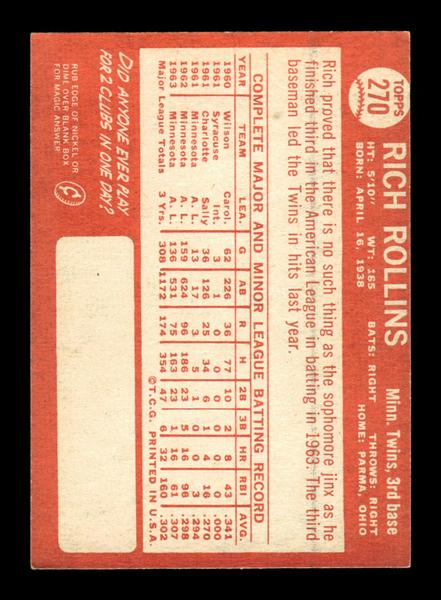 1964 Topps #270 Rich Rollins Minnesota Twins EX HOF-10006049