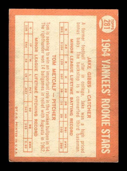 1964 Topps #281 Yankees 1964 Rookie Stars Gibbs Metcalf EX HOF-10006058