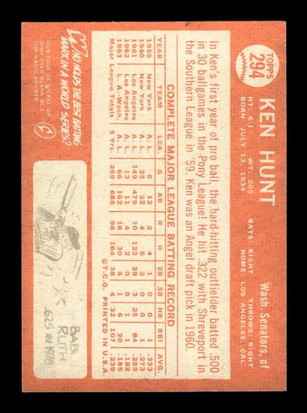 1964 Topps #294 Ken Hunt Washington Senators EX HOF-10006067