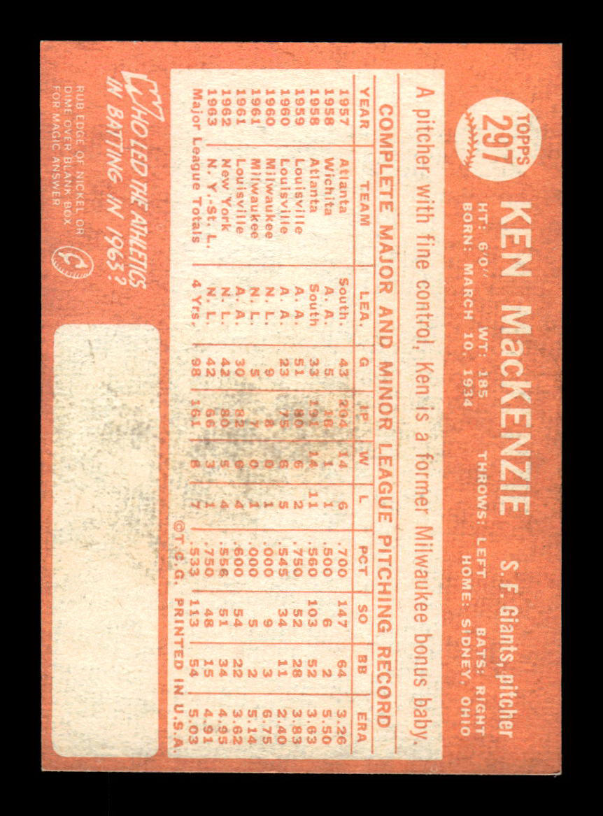 1964 Topps #297 Ken MacKenzie San Francisco Giants EX HOF-10006070