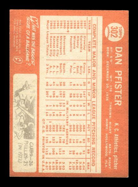 1964 Topps #302 Dan Pfister Kansas City Athletics EX HOF-10006074