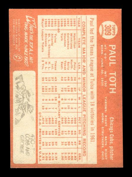 1964 Topps #309 Paul Toth Chicago Cubs EX HOF-10006080