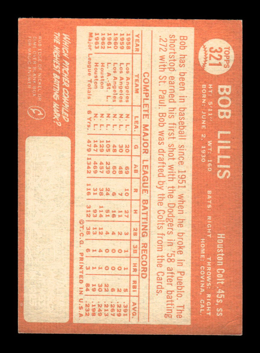 1964 Topps #321 Bob Lillis Houston Colt .45s EX HOF-10006088