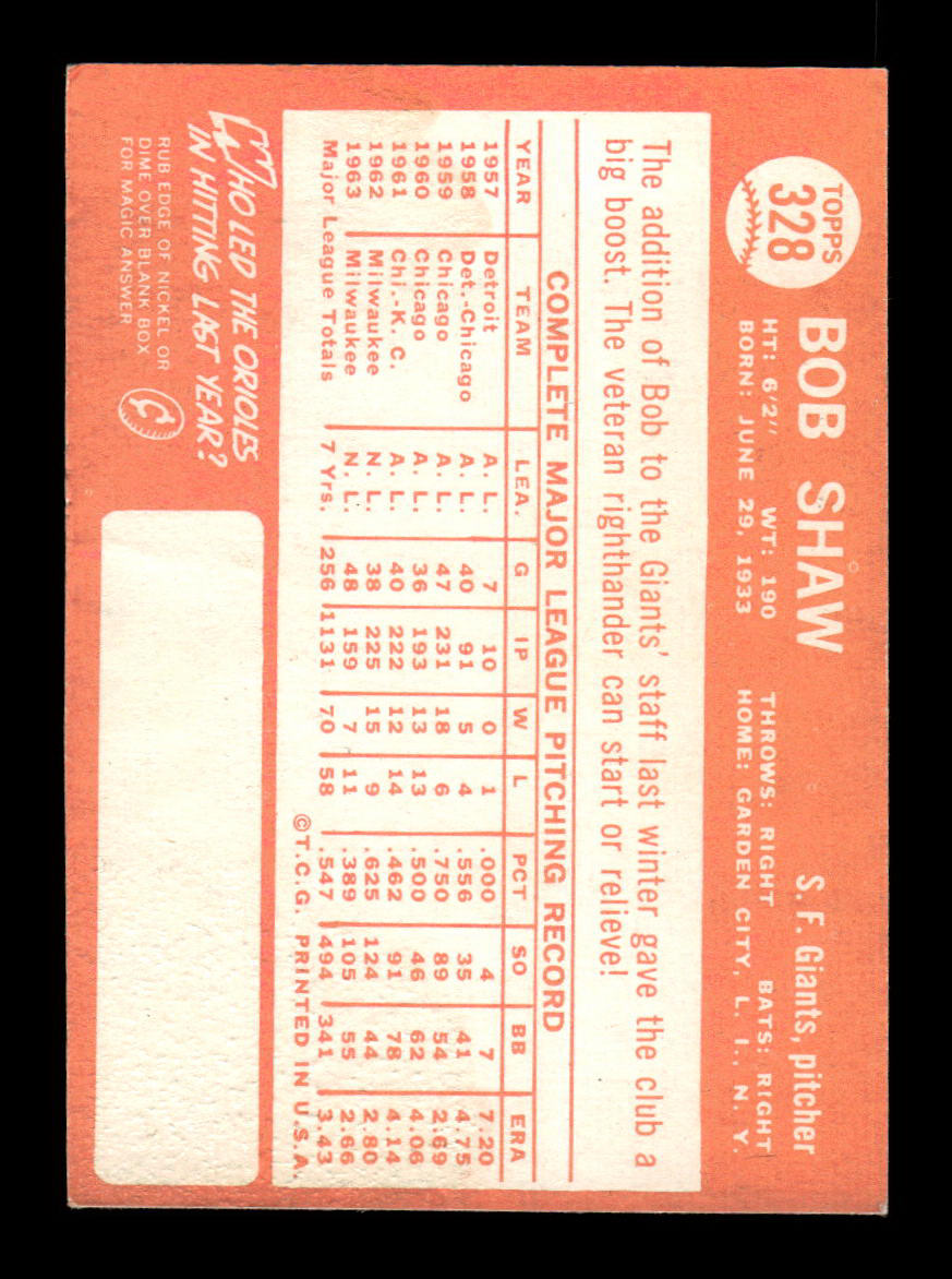 1964 Topps #328 Bob Shaw San Francisco Giants EX HOF-10006093