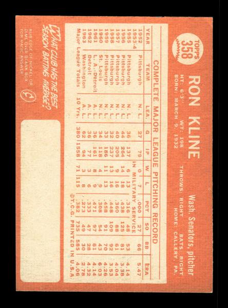 1964 Topps #358 Ron Kline Washington Senators EX HOF-10006119