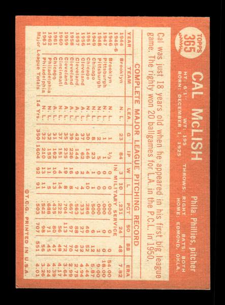 1964 Topps #365 Cal McLish Philadelphia Phillies EX HOF-10006125
