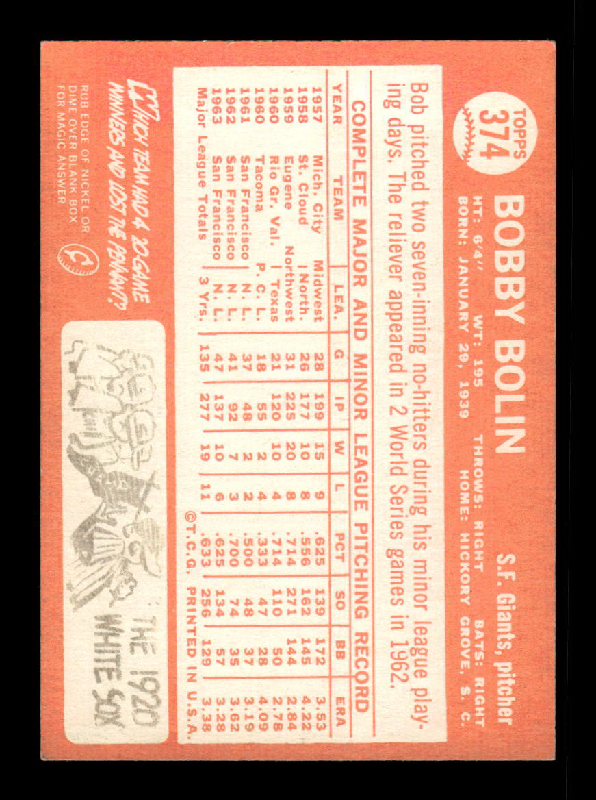 1964 Topps #374 Bobby Bolin San Francisco Giants EX HOF-10006129