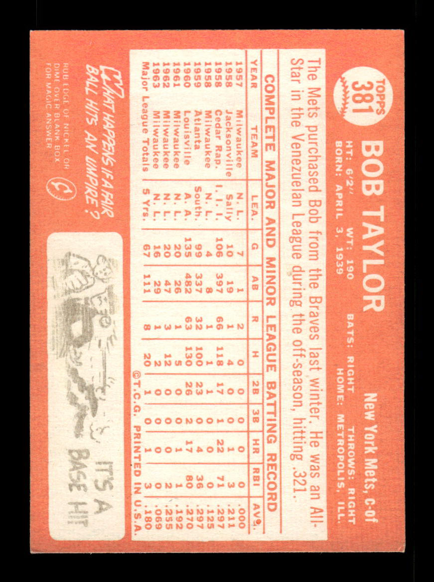 1964 Topps #381 Bob Taylor New York Mets EX HOF-10006134