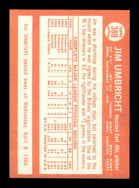 1964 Topps #389 Jim Umbricht Houston Colt .45s EX HOF-10006142