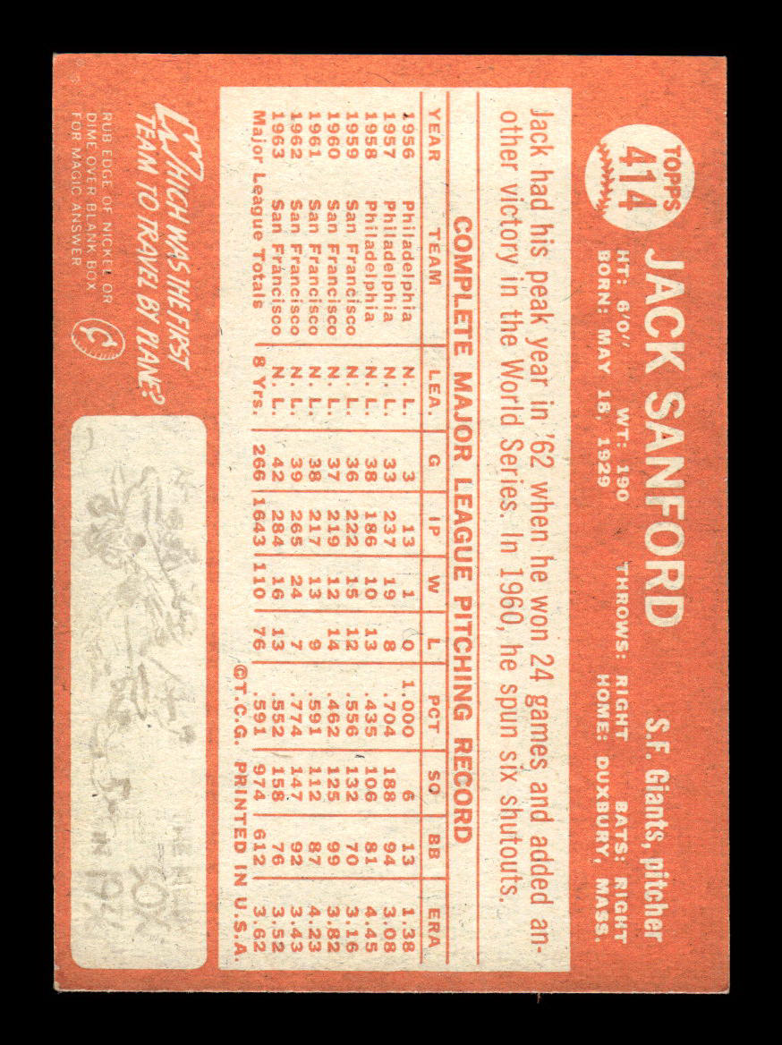 1964 Topps #414 Jack Sanford San Francisco Giants EX HOF-10006160