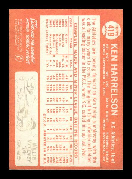 1964 Topps #419 Ken Harrelson Kansas City Athletics EX HOF-10006164