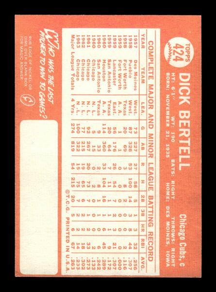 1964 Topps #424 Dick Bertell Chicago Cubs EX HOF-10006168