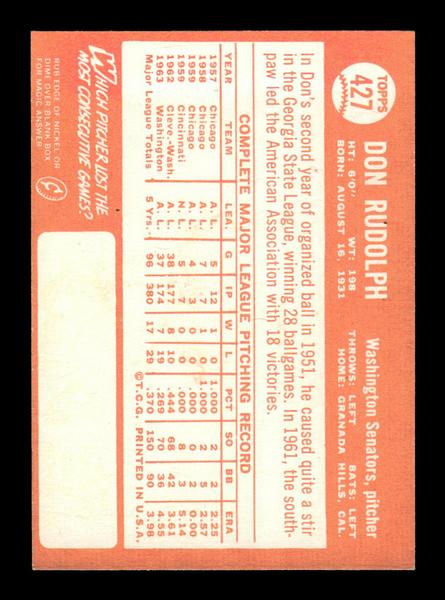 1964 Topps #427 Don Rudolph Washington Senators EX HOF-10006170