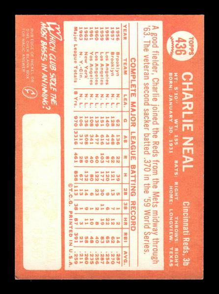 1964 Topps #436 Charlie Neal Cincinnati Reds EX HOF-10006177