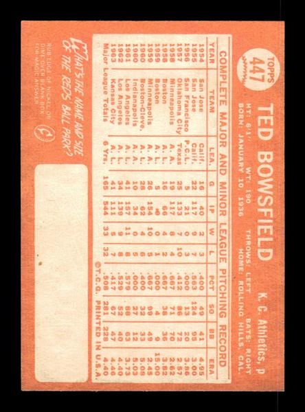 1964 Topps #447 Ted Bowsfield Kansas City Athletics EX HOF-10006186