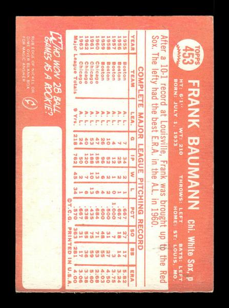 1964 Topps #453 Frank Baumann Chicago White Sox EX HOF-10006187